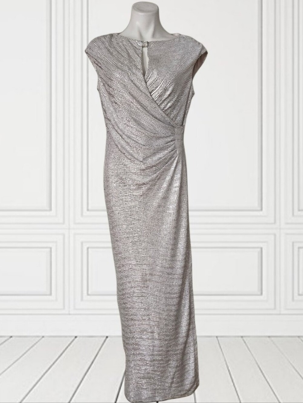 NIPON BOUTIQUE Metallic Silver Draped Evening Dress XL